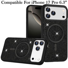 For iPhone 17 PRO Case Magnetic Circle Full Bling Rhinestone + Tempered Glass