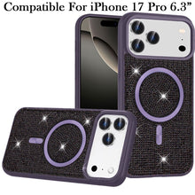 For iPhone 17 PRO Case Magnetic Circle Full Bling Rhinestone + Tempered Glass