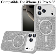 For iPhone 17 PRO Case Magnetic Circle Full Bling Rhinestone + Tempered Glass