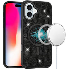 For iPhone 16 6.1inch Case Magnetic Circle Full Bling Dazzle + Tempered Glass