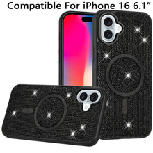 For iPhone 16 6.1inch Case Magnetic Circle Full Bling Dazzle + Tempered Glass
