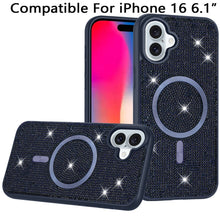 For iPhone 16 6.1inch Case Magnetic Circle Full Bling Dazzle + Tempered Glass