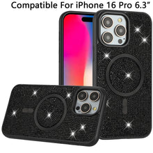 For iPhone 16 6.1inch Case Magnetic Circle Full Bling Dazzle + Tempered Glass