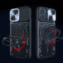 For iPhone 11 6.1 in. Case Magnetic Circle Stand Rear Lens Slide +Tempered Glass