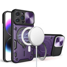 For iPhone 11 6.1 in. Case Magnetic Circle Stand Rear Lens Slide +Tempered Glass