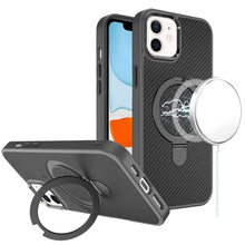 For iPhone 11 6.1 in. Case Carbon Fiber Print Ring Stand Circle + Tempered Glass