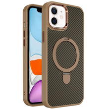 For iPhone 11 6.1 in. Case Carbon Fiber Print Ring Stand Circle + Tempered Glass