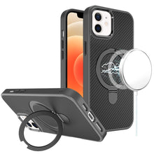 For iPhone 12/12 Pro Case Carbon Fiber Print Ring Stand Circle + Tempered Glass