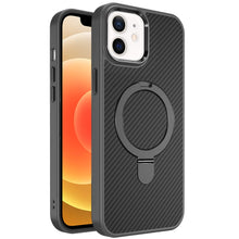 For iPhone 12/12 Pro Case Carbon Fiber Print Ring Stand Circle + Tempered Glass