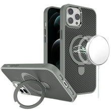 For iPhone 12 Pro Max Case Carbon Fiber Print Ring Stand Circle + Tempered Glass
