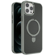 For iPhone 12 Pro Max Case Carbon Fiber Print Ring Stand Circle + Tempered Glass