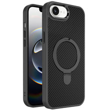 For iPhone 16e Case Carbon Fiber Print Metal Ring Stand Circle + Tempered Glass