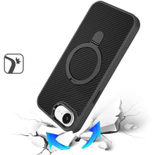 For iPhone 16e Case Carbon Fiber Print Metal Ring Stand Circle + Tempered Glass