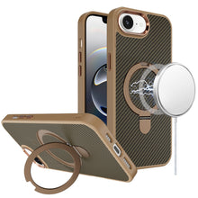For iPhone 16e Case Carbon Fiber Print Metal Ring Stand Circle + Tempered Glass