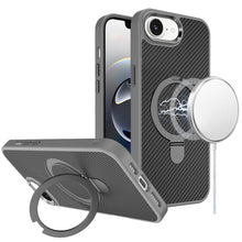 For iPhone 16e Case Carbon Fiber Print Metal Ring Stand Circle + Tempered Glass