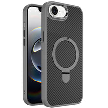 For iPhone 16e Case Carbon Fiber Print Metal Ring Stand Circle + Tempered Glass