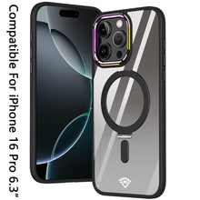 For iPhone 16 Pro 6.3in Case Magnetic Circle RingStand Chrome + Tempered Glass