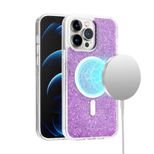 For iPhone 13/14 Case Magnetic Circle Epoxy Full Glitter Cover + Tempered Glass