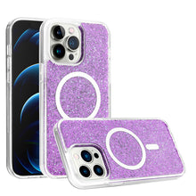 For iPhone 13/14 Case Magnetic Circle Epoxy Full Glitter Cover + Tempered Glass