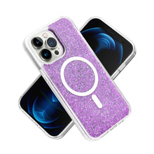 For iPhone 13/14 Case Magnetic Circle Epoxy Full Glitter Cover + Tempered Glass