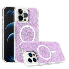 For iPhone 13/14 Case Magnetic Circle Epoxy Full Glitter Cover + Tempered Glass