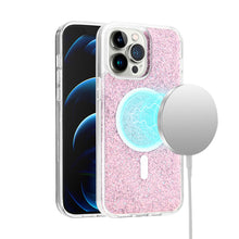 For iPhone 13/14 Case Magnetic Circle Epoxy Full Glitter Cover + Tempered Glass