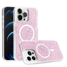 For iPhone 13/14 Case Magnetic Circle Epoxy Full Glitter Cover + Tempered Glass