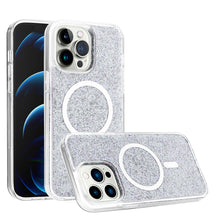For iPhone 13/14 Case Magnetic Circle Epoxy Full Glitter Cover + Tempered Glass