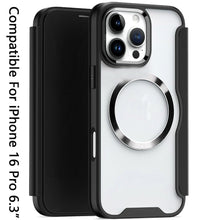 For iPhone 16 Pro 6.3in Case Card Flap Magnetic Circle Cover + Tempered Glass