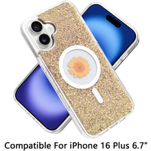 For iPhone 16 Plus 6.7in Case Epoxy Real Flower Glitter Hybrid + Tempered Glass