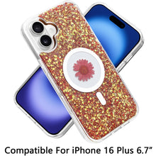 For iPhone 16 Plus 6.7in Case Epoxy Real Flower Glitter Hybrid + Tempered Glass