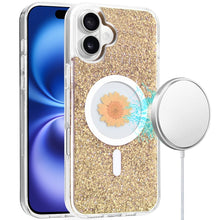 For iPhone 16 6.1inch Case Epoxy Real Flower Glitter Hybrid + Tempered Glass