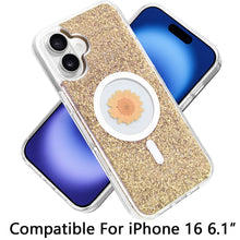For iPhone 16 6.1inch Case Epoxy Real Flower Glitter Hybrid + Tempered Glass