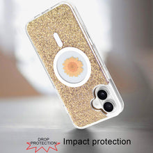 For iPhone 16 6.1inch Case Epoxy Real Flower Glitter Hybrid + Tempered Glass