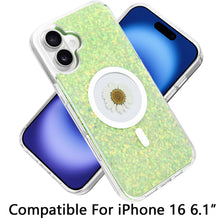 For iPhone 16 6.1inch Case Epoxy Real Flower Glitter Hybrid + Tempered Glass