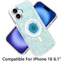 For iPhone 16 6.1inch Case Epoxy Real Flower Glitter Hybrid + Tempered Glass