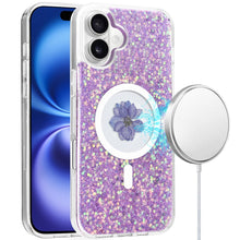 For iPhone 16 6.1inch Case Epoxy Real Flower Glitter Hybrid + Tempered Glass