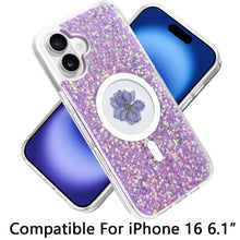 For iPhone 16 6.1inch Case Epoxy Real Flower Glitter Hybrid + Tempered Glass
