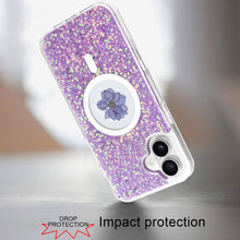 For iPhone 16 6.1inch Case Epoxy Real Flower Glitter Hybrid + Tempered Glass