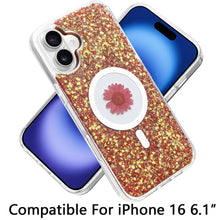 For iPhone 16 6.1inch Case Epoxy Real Flower Glitter Hybrid + Tempered Glass