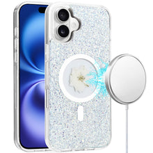 For iPhone 16 6.1inch Case Epoxy Real Flower Glitter Hybrid + Tempered Glass