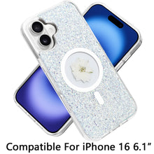 For iPhone 16 6.1inch Case Epoxy Real Flower Glitter Hybrid + Tempered Glass