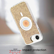 For iPhone 16e Case Epoxy Real Flower Glitter Hybrid Cover + Tempered Glass