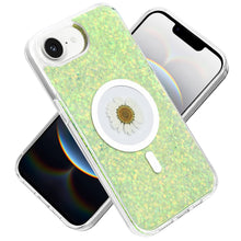 For iPhone 16e Case Epoxy Real Flower Glitter Hybrid Cover + Tempered Glass