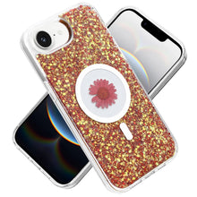 For iPhone 16e Case Epoxy Real Flower Glitter Hybrid Cover + Tempered Glass