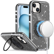For iPhone 15 Case Magnetic Circle Stand Full Glitter Cover + 2 Tempered Glass