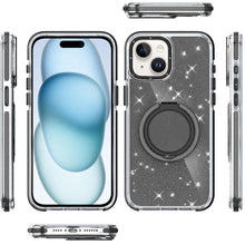 For iPhone 15 Case Magnetic Circle Stand Full Glitter Cover + 2 Tempered Glass