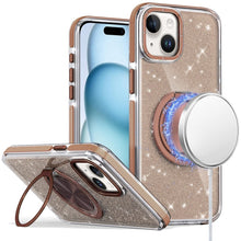 For iPhone 15 Case Magnetic Circle Stand Full Glitter Cover + 2 Tempered Glass