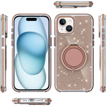For iPhone 15 Case Magnetic Circle Stand Full Glitter Cover + 2 Tempered Glass