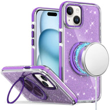 For iPhone 15 Case Magnetic Circle Stand Full Glitter Cover + 2 Tempered Glass